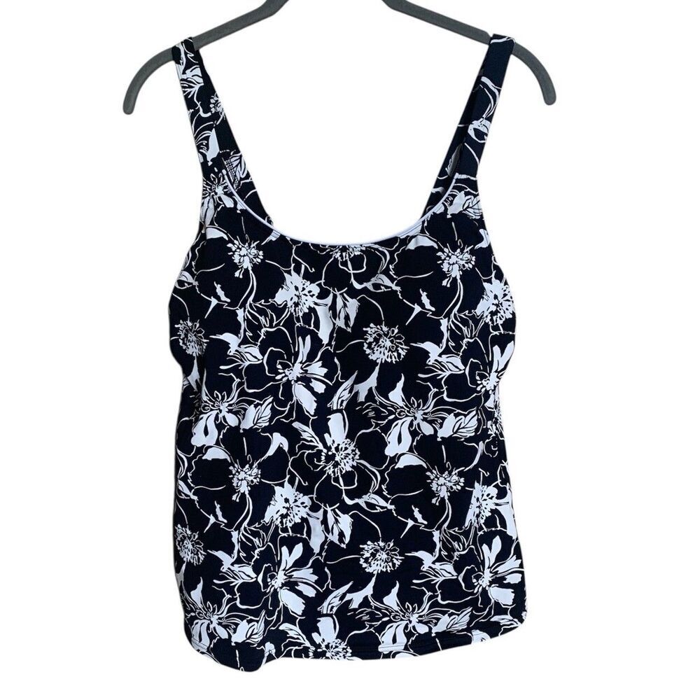 LANDS END Swim Tankini Top Womens Size 10 Floral Black White Padded Modest Sun